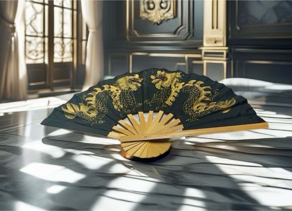 Decorative Black and Gold Dragon Folding Hand Fan with Bamboo Ribs